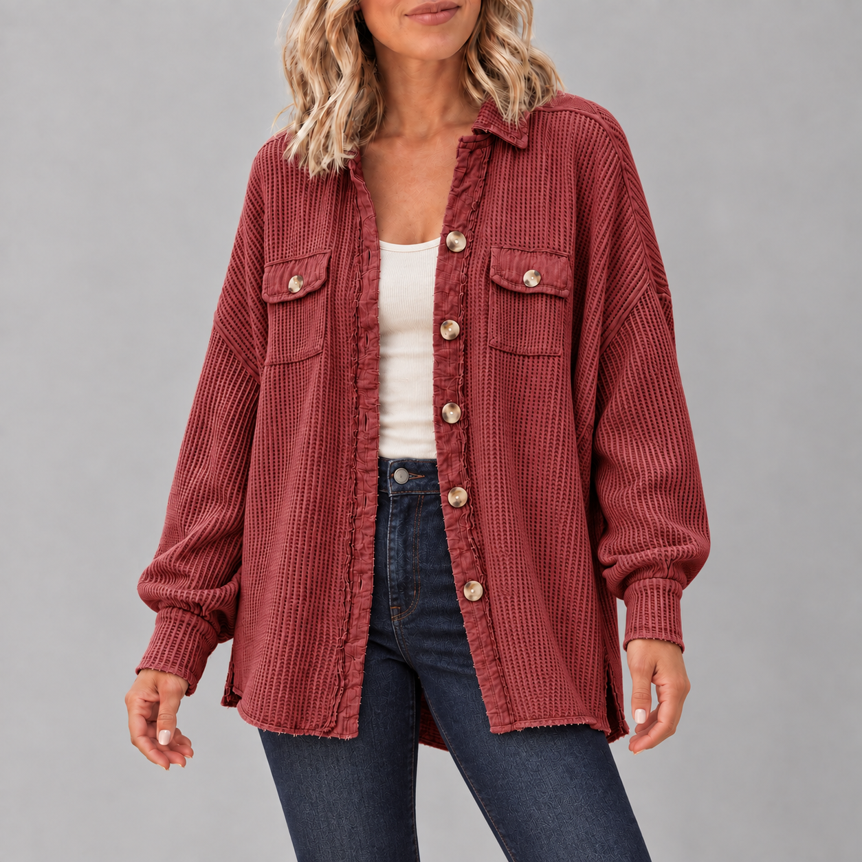 Adult woman wearing the Rusty Red waffle-knit button shacket