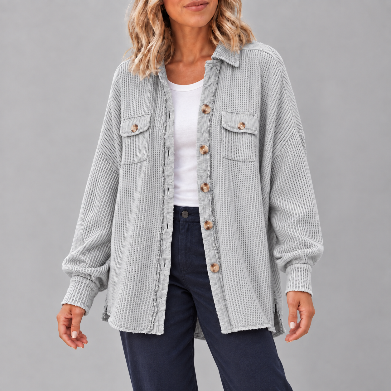 Adult woman wearing the Light Grey waffle-knit button shacket