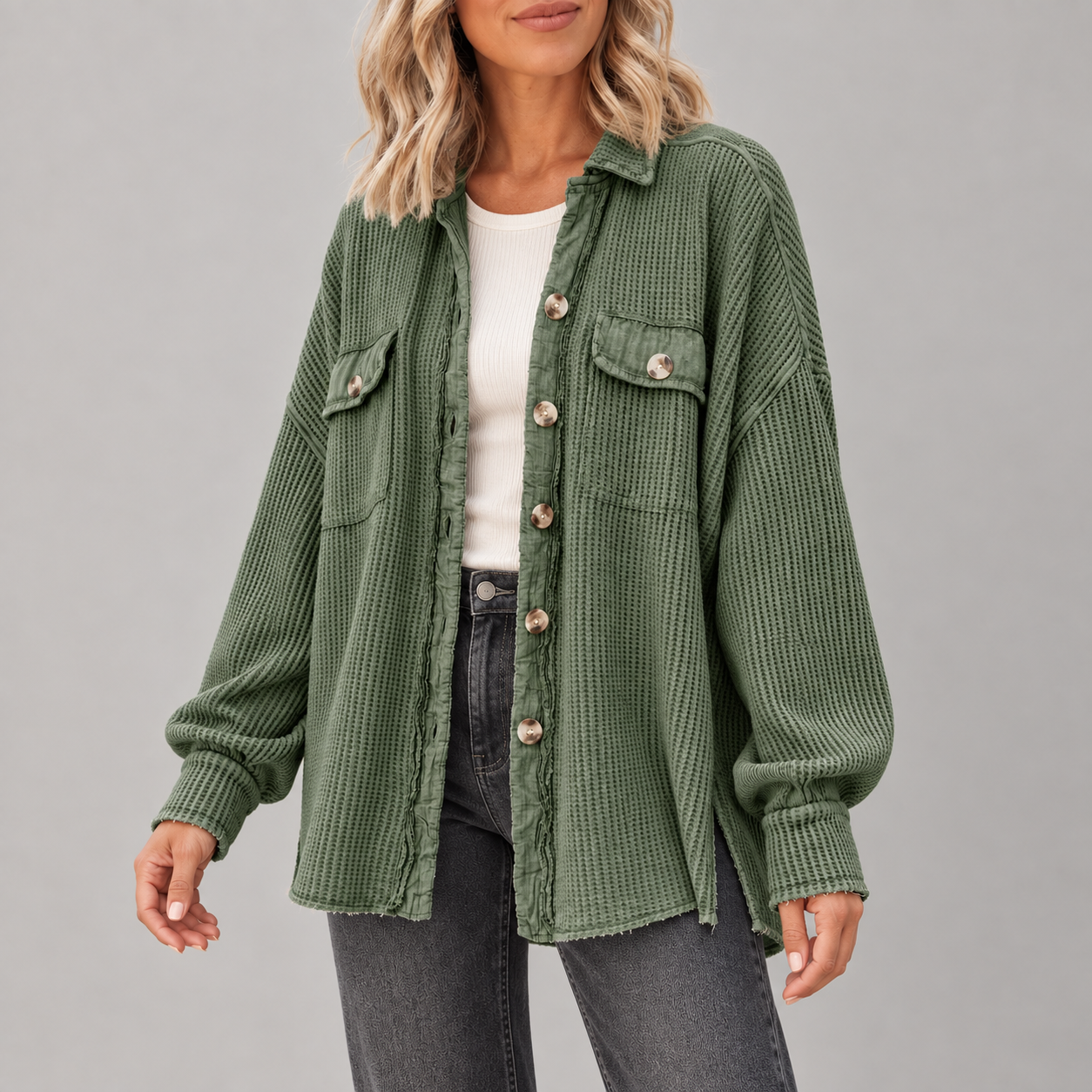 Adult woman wearing the Army Green waffle-knit button shacket