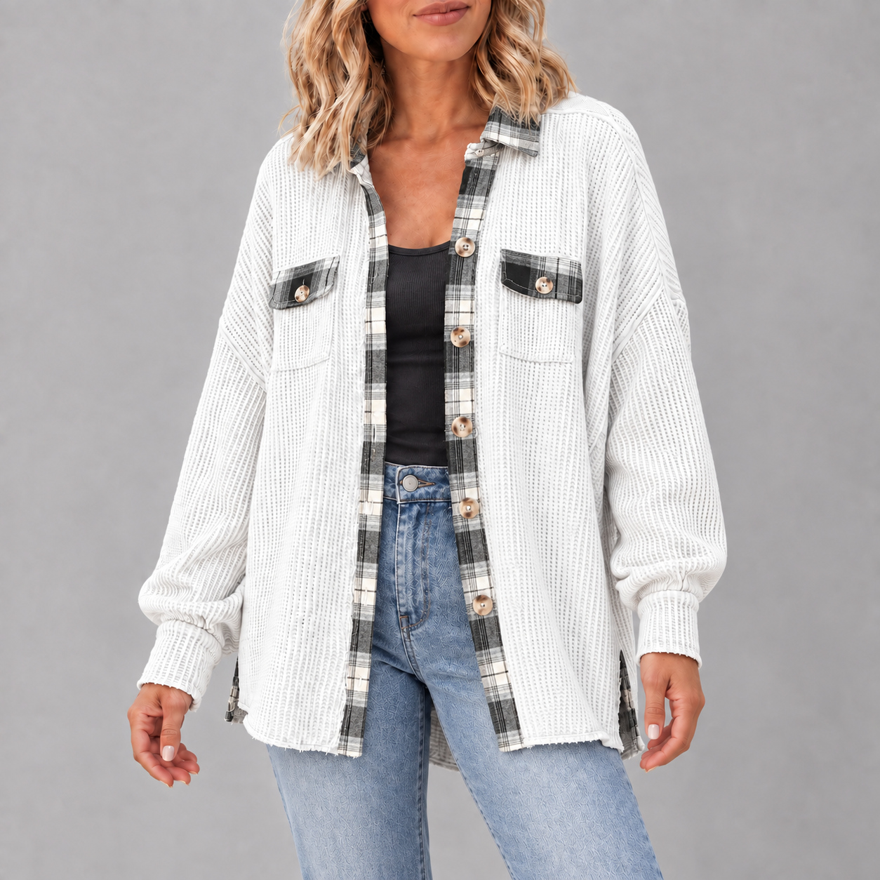 Adult woman wearing the White Plaid waffle-knit button shacket