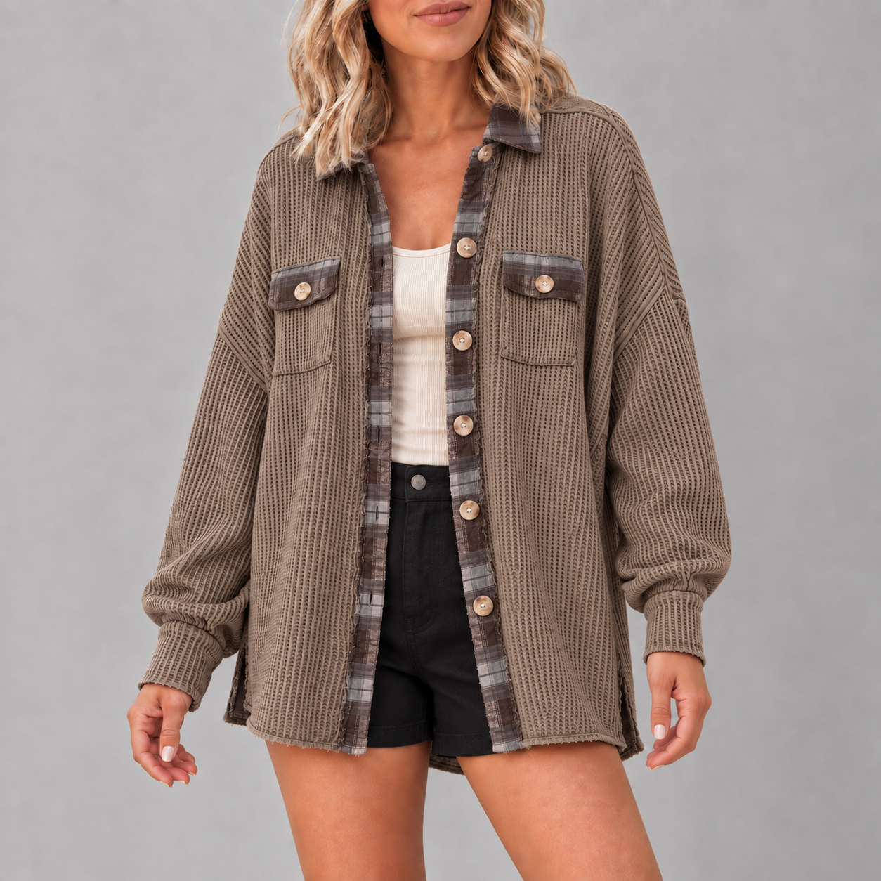Adult woman wearing the Coffee Plaid waffle-knit button shacket