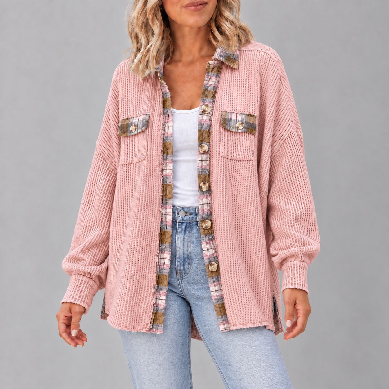 Adult woman wearing the Pink waffle-knit button shacket
