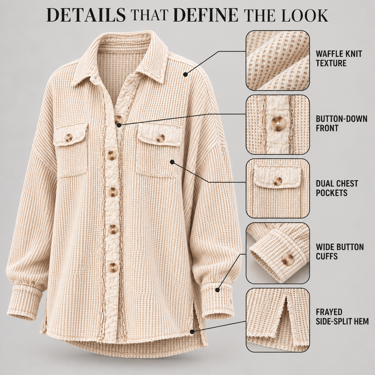 Waffle texture, button front, chest pockets, cuffs, and side-split hem details
