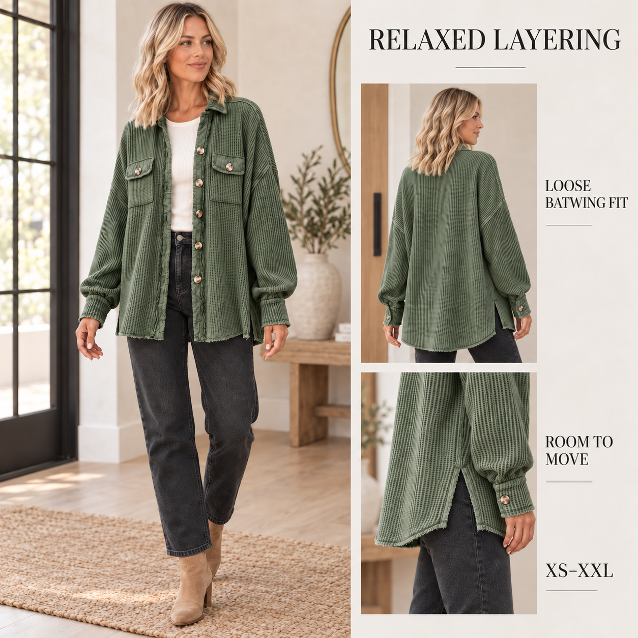 Relaxed layering and loose batwing fit views of the women's waffle-knit shacket