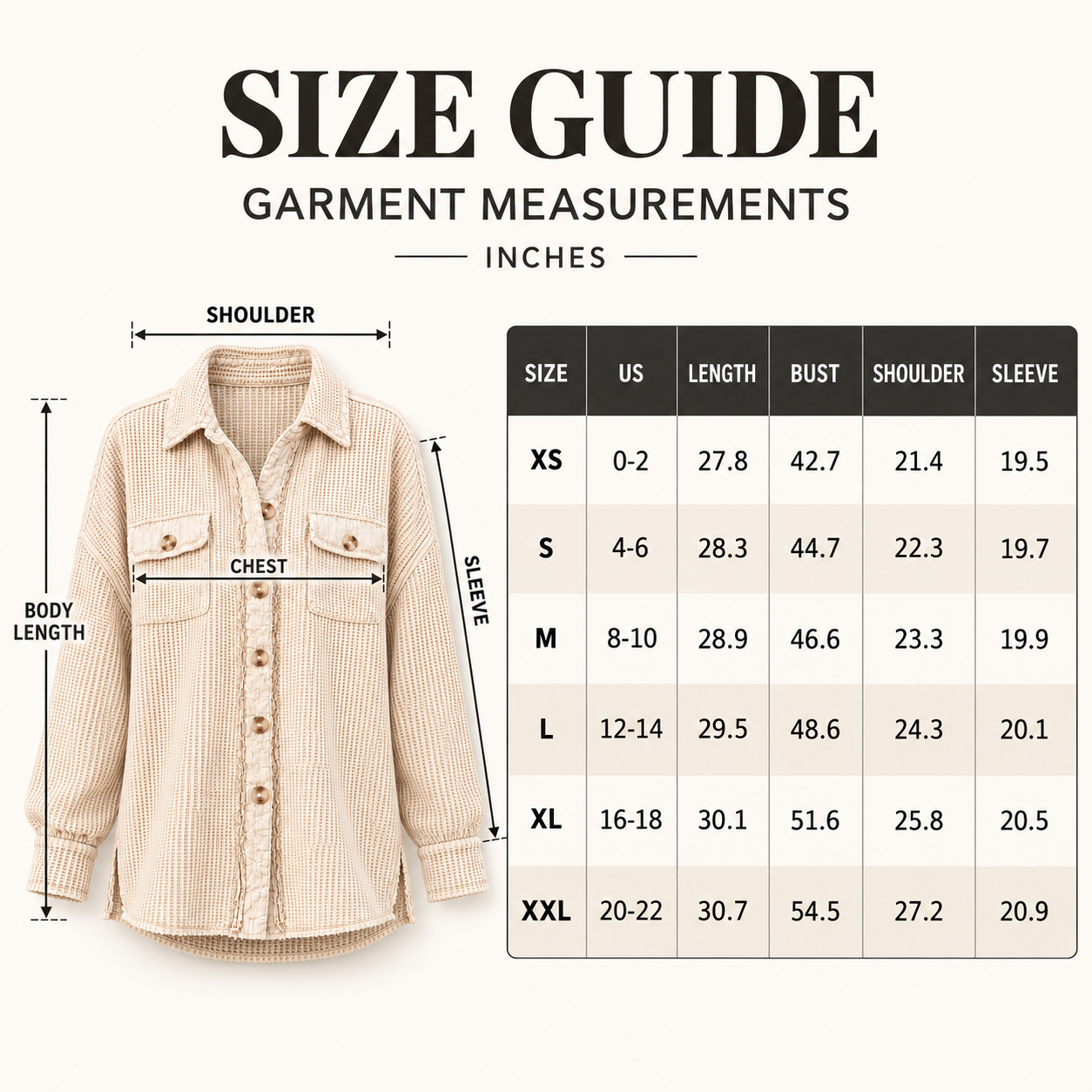 Women's waffle-knit button shacket garment size guide in inches from XS to XXL