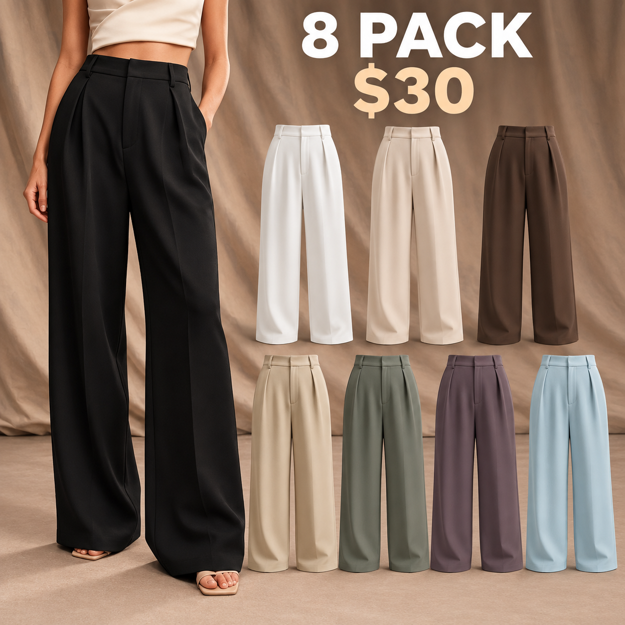 Eight selected colors of women's high-waisted double-pleat wide-leg pants, 8Pack for $30