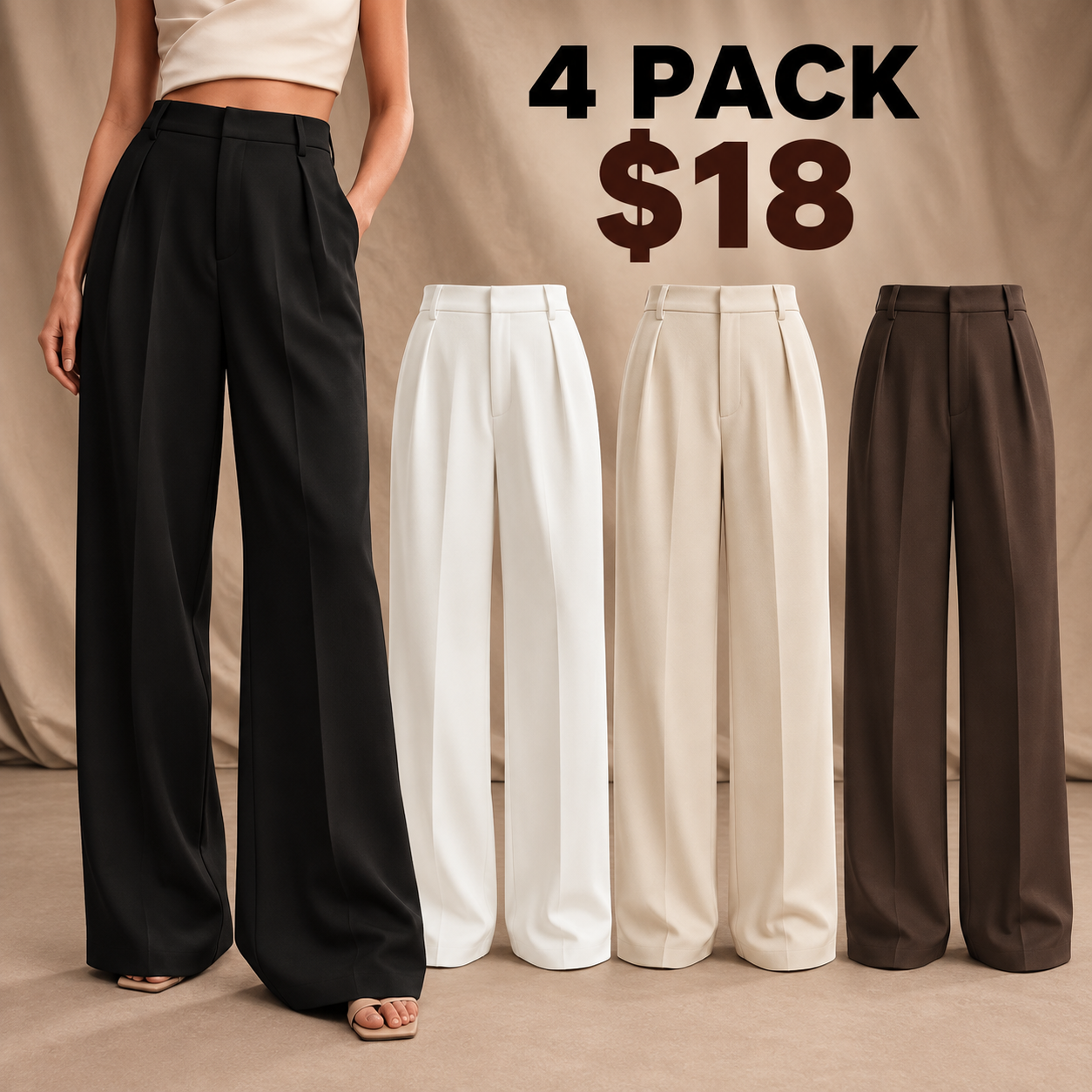 Women's wide-leg pants 4Pack A in Black, White, Apricot and Dark Brown for $18