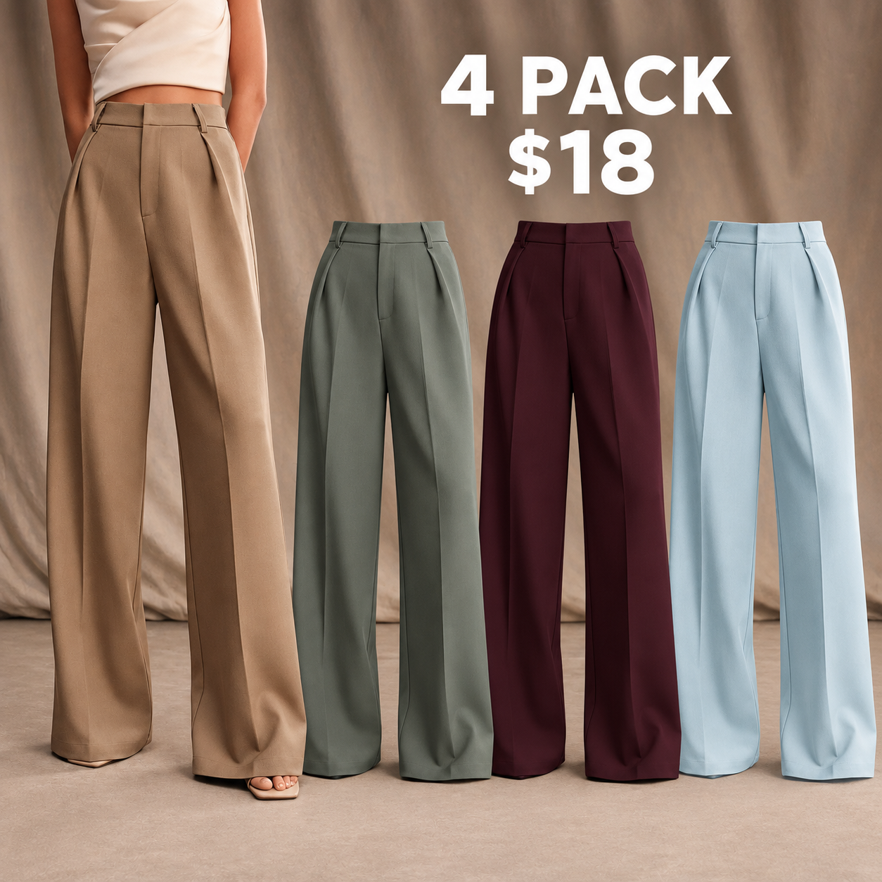 Women's wide-leg pants 4Pack B in Khaki, Green Gray, Dark Violet and Light Blue for $18