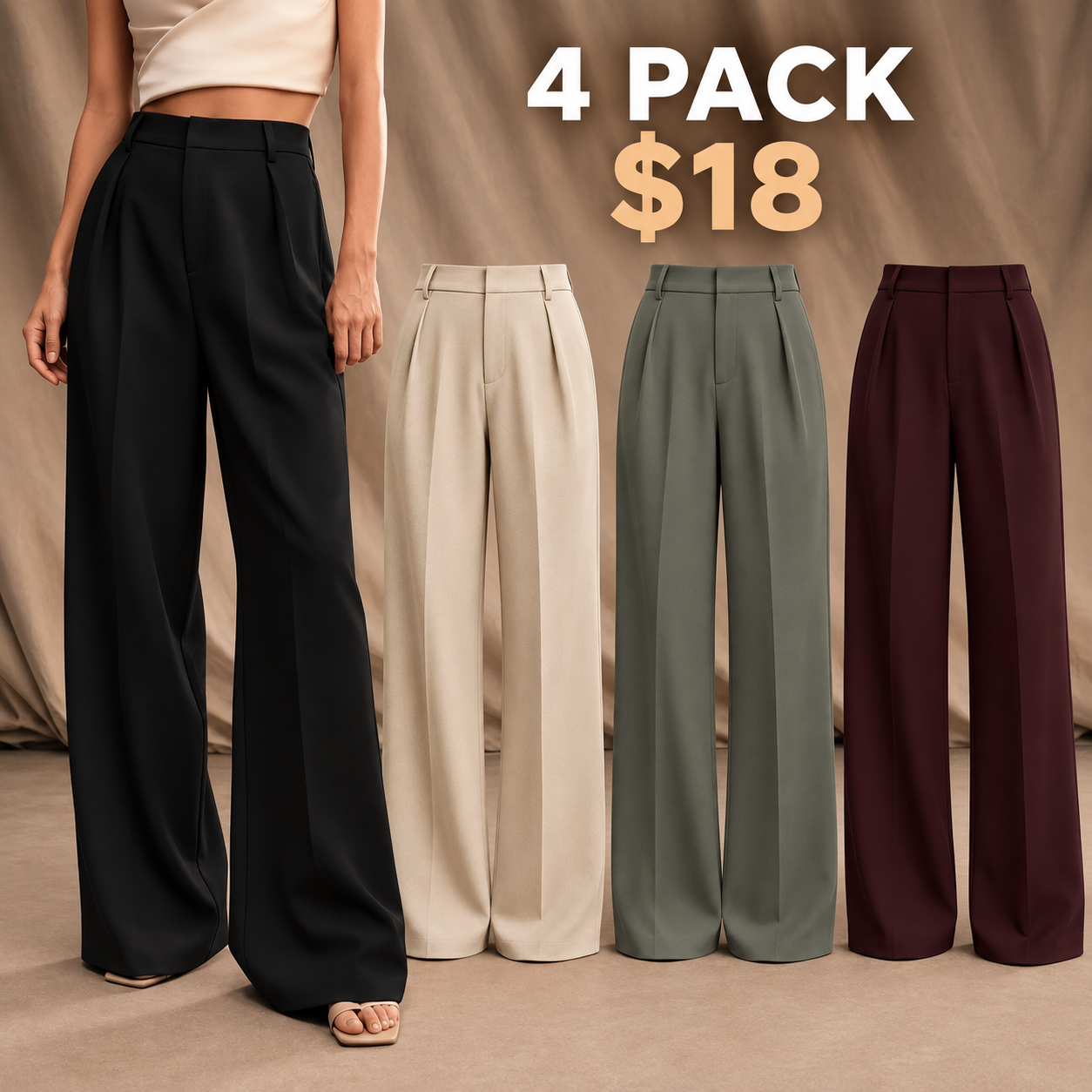 Women's wide-leg pants 4Pack C in Black, Apricot, Green Gray and Dark Violet for $18