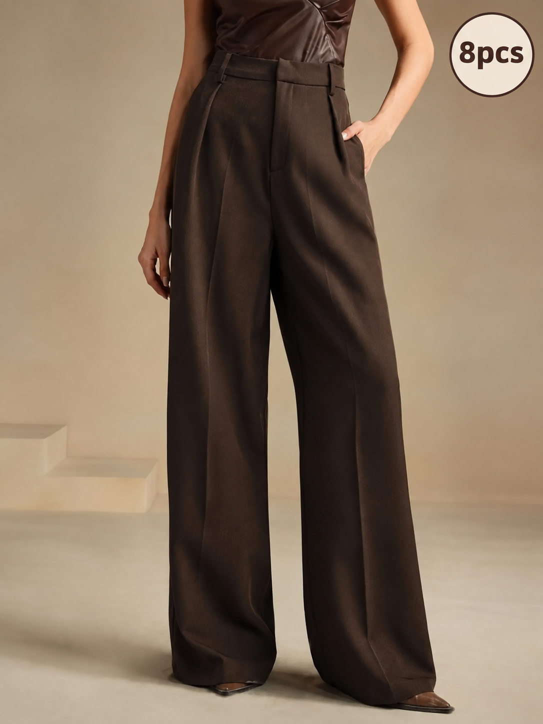 Dark Brown women's high-waisted double-pleat wide-leg pants, 8 pieces