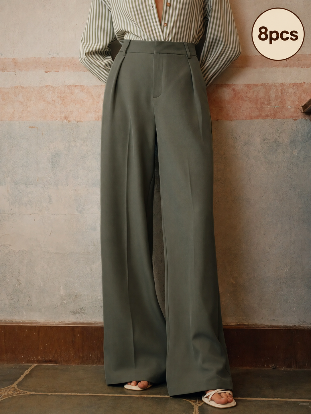 Green Gray women's high-waisted double-pleat wide-leg pants, 8 pieces