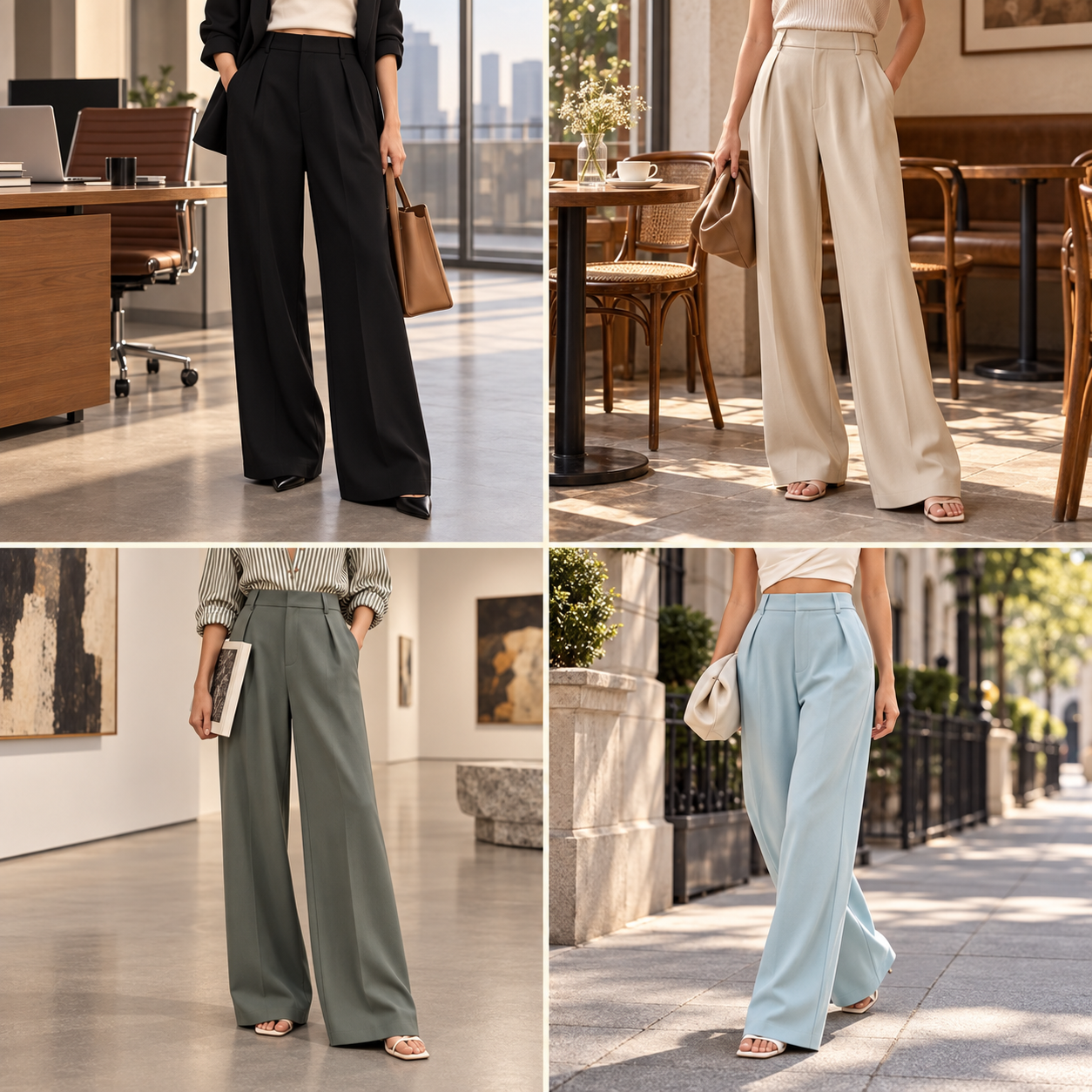 Four styling scenes for women's wide-leg pants at the office, cafe, gallery and city street