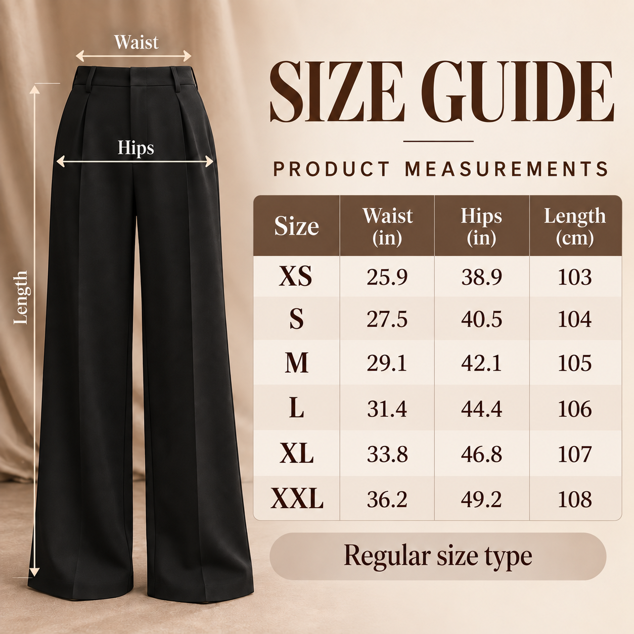 Women's wide-leg pants size guide from XS through XXL