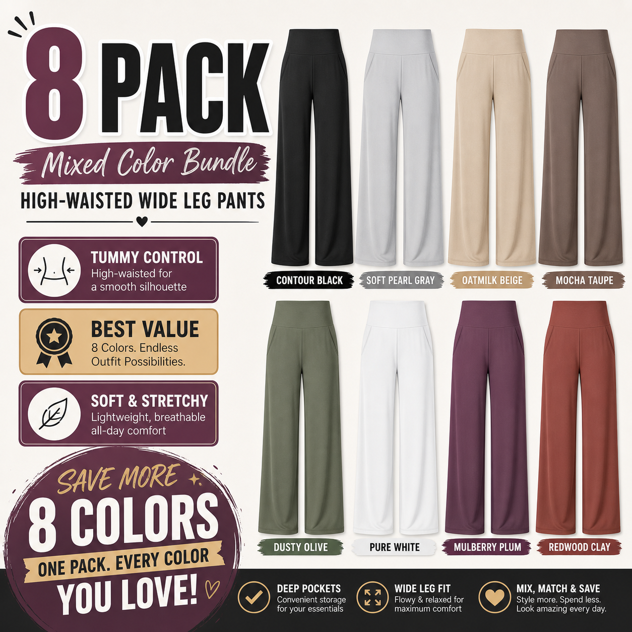 Limited Deal 8-Pack Women's High-Waisted Wide Leg Stretch Pants with Deep Pockets
