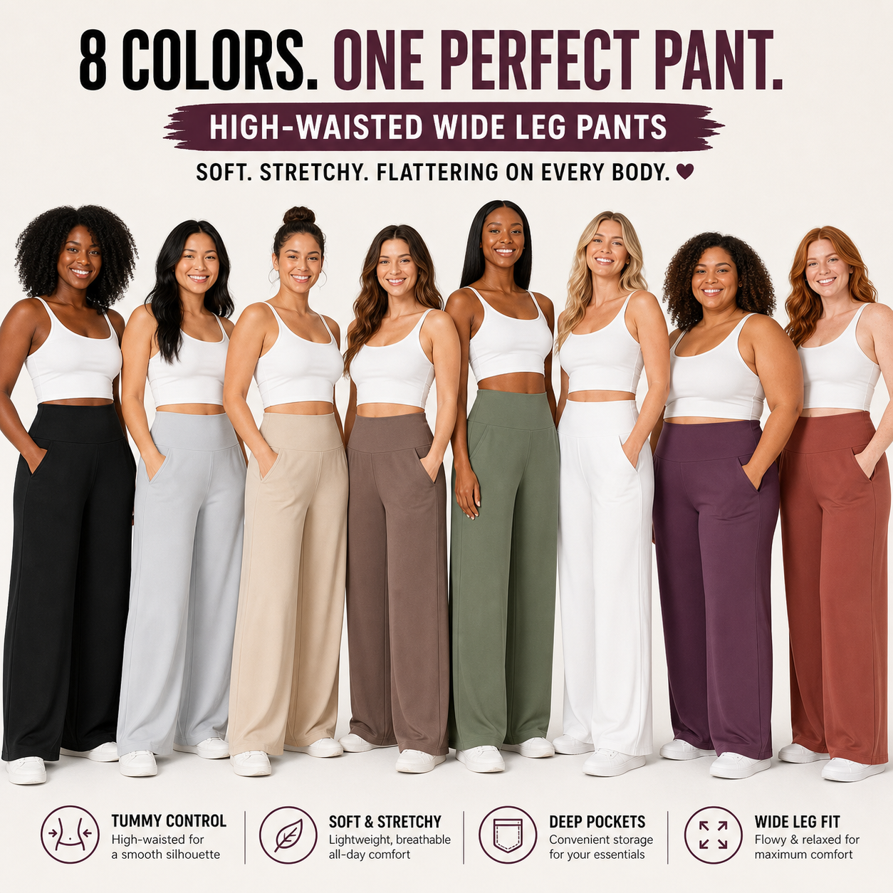 Limited Deal 8-Pack Women's High-Waisted Wide Leg Stretch Pants with Deep Pockets