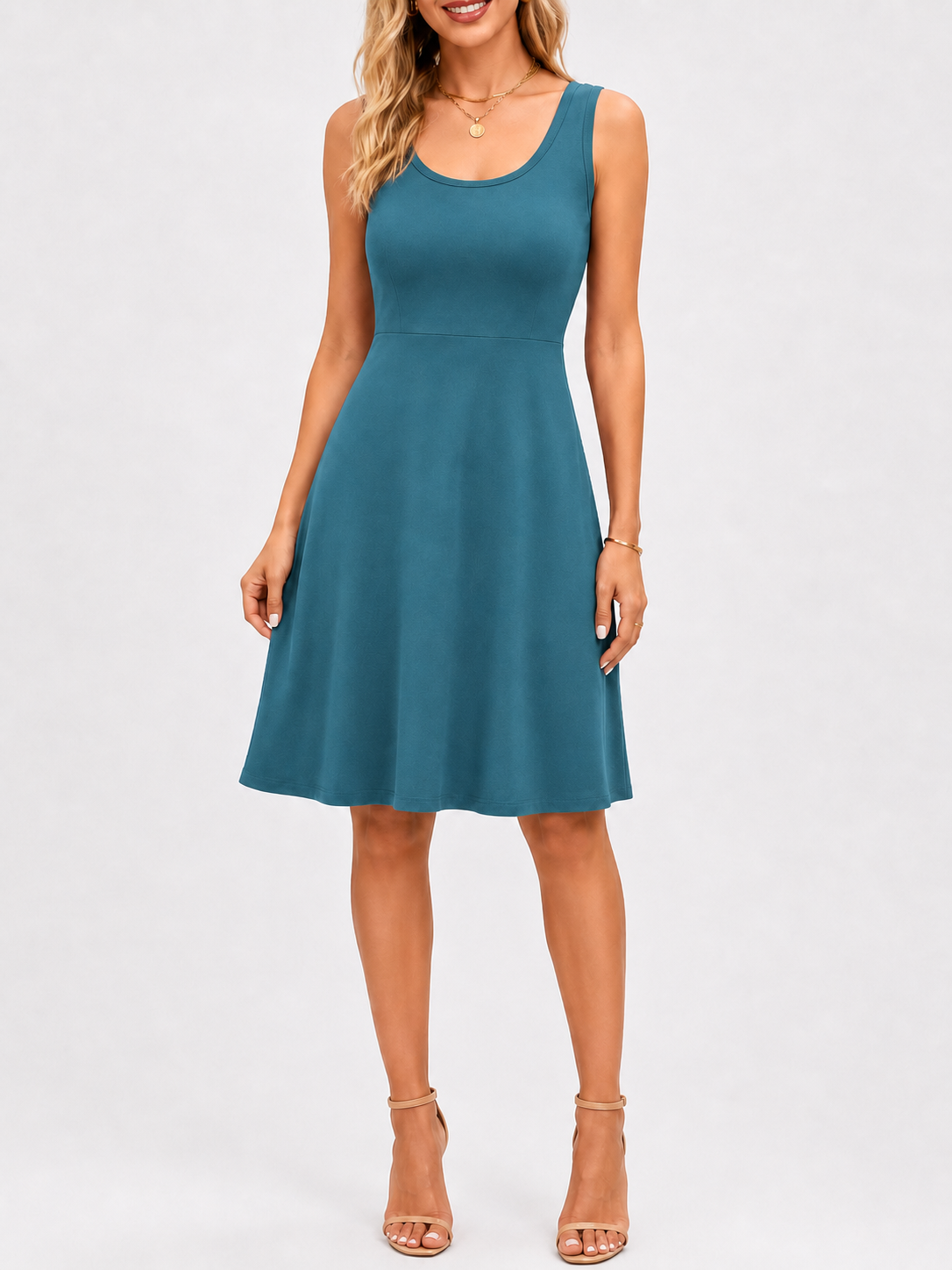 Soft Teal front view of the scoop-neck fit-and-flare dress