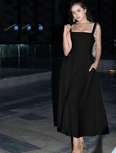 Women's Casual Sleeveless Square Neck A-Line Solid Slim Flowy Long Dress with Pockets & Back Tie Detail Design