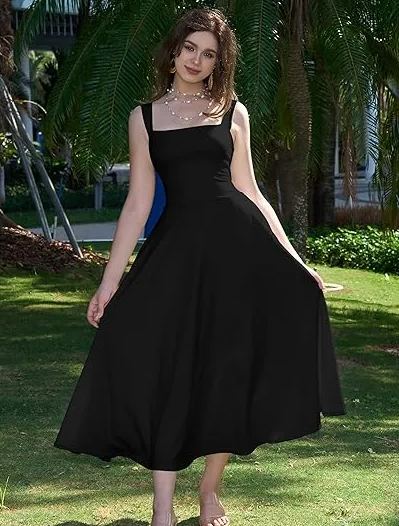 Women's Casual Sleeveless Square Neck A-Line Solid Slim Flowy Long Dress with Pockets & Back Tie Detail Design