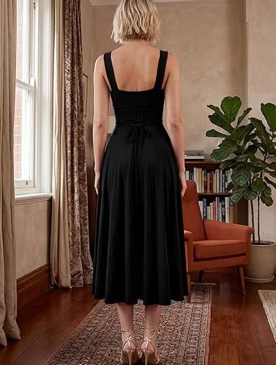Women's Casual Sleeveless Square Neck A-Line Solid Slim Flowy Long Dress with Pockets & Back Tie Detail Design