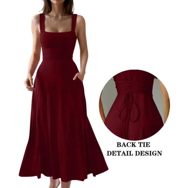 Women's Casual Sleeveless Square Neck A-Line Solid Slim Flowy Long Dress with Pockets & Back Tie Detail Design