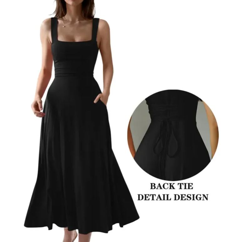 Women's Casual Sleeveless Square Neck A-Line Solid Slim Flowy Long Dress with Pockets & Back Tie Detail Design