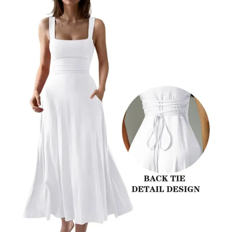 Women's Casual Sleeveless Square Neck A-Line Solid Slim Flowy Long Dress with Pockets & Back Tie Detail Design
