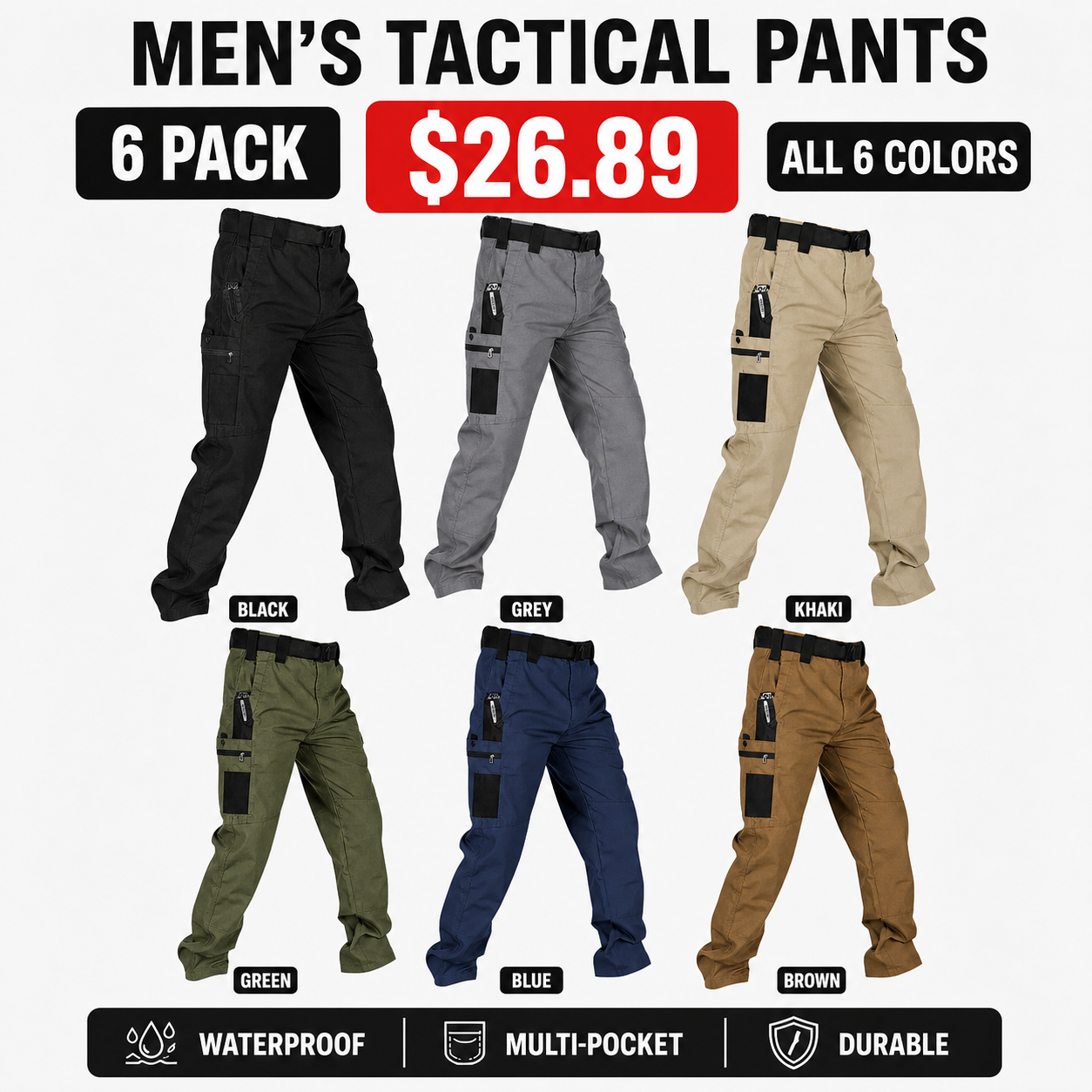 Men's Tactical Cargo Work Pants 6Pack $26.89