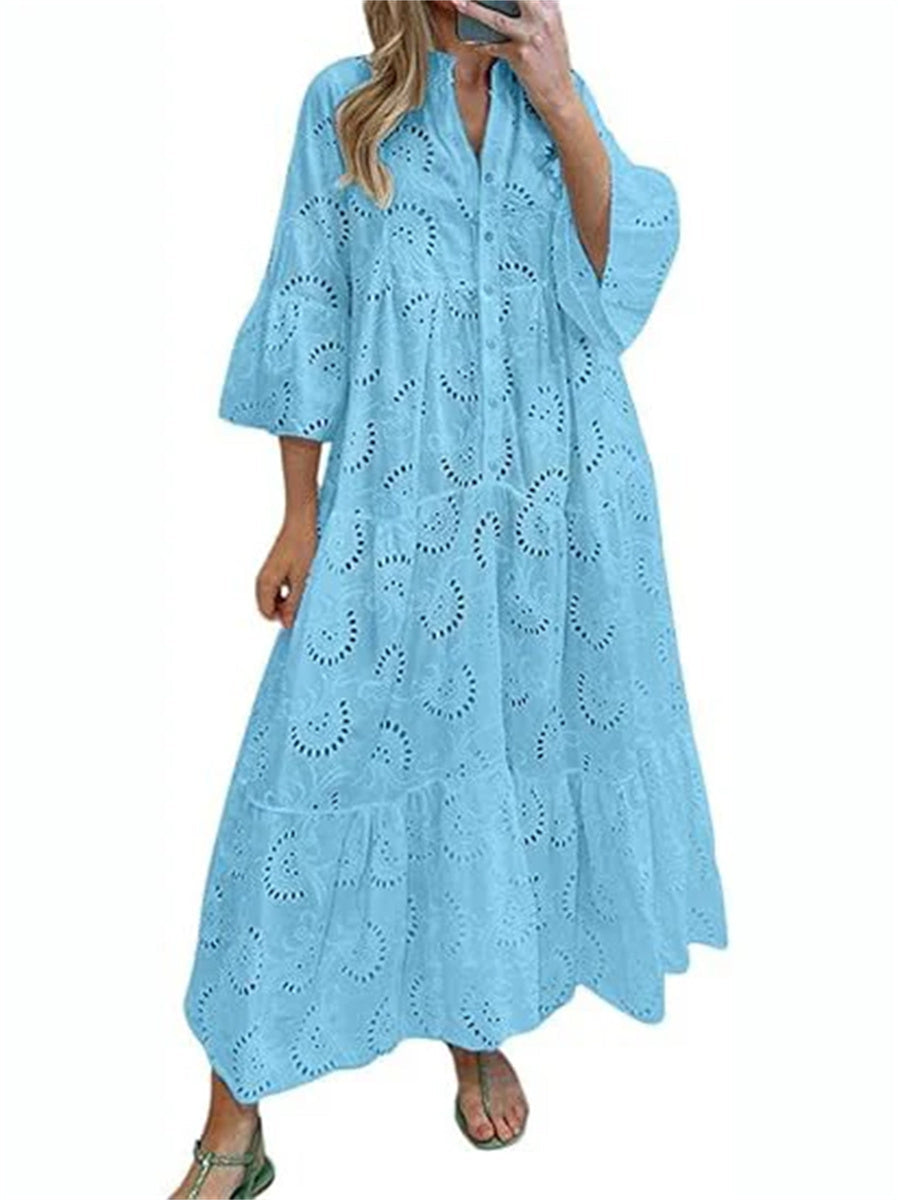 Women's Sexy Long Lace Dress with V-Neck and Flared Sleeves