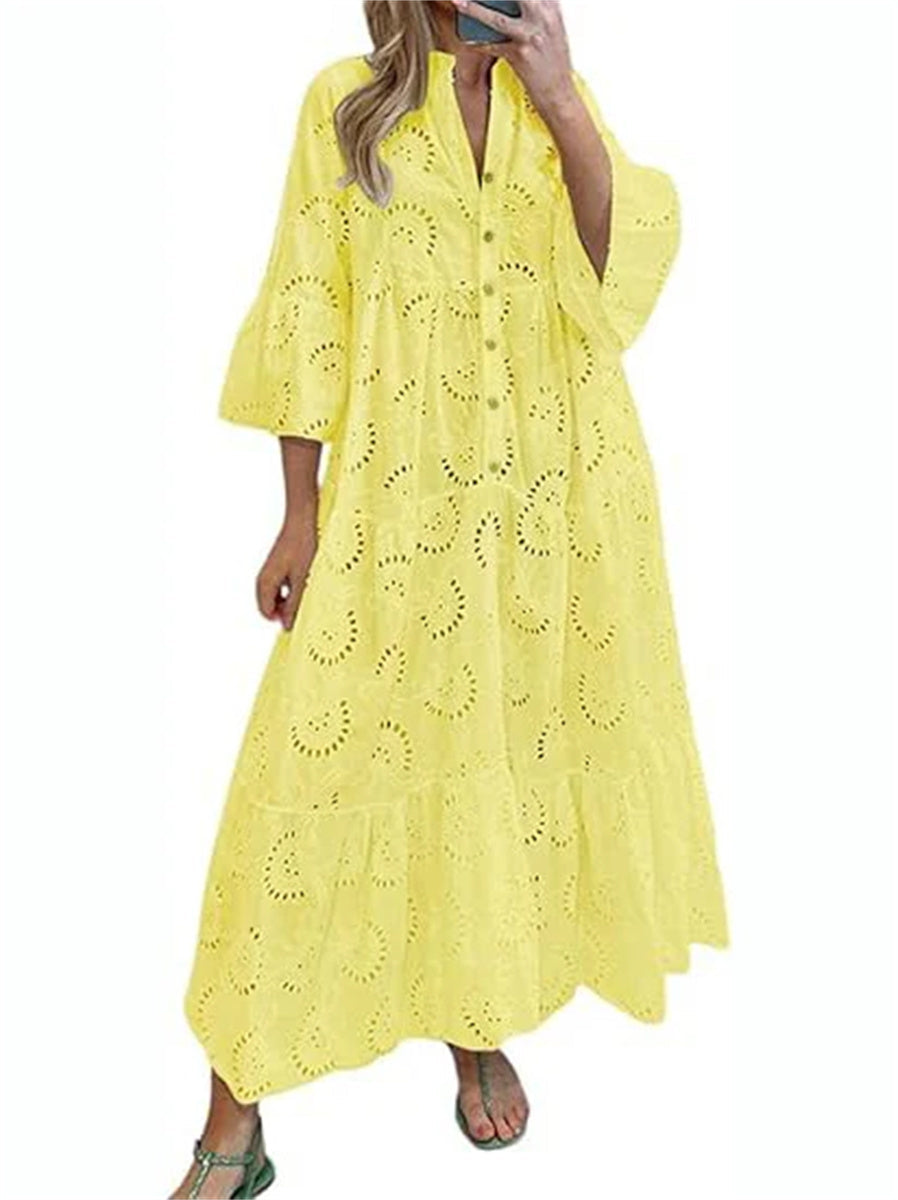 Women's Sexy Long Lace Dress with V-Neck and Flared Sleeves
