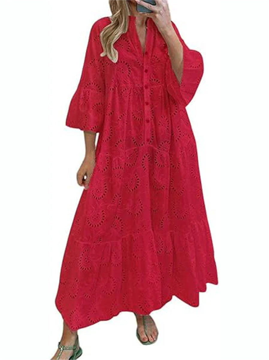 Women's Sexy Long Lace Dress with V-Neck and Flared Sleeves