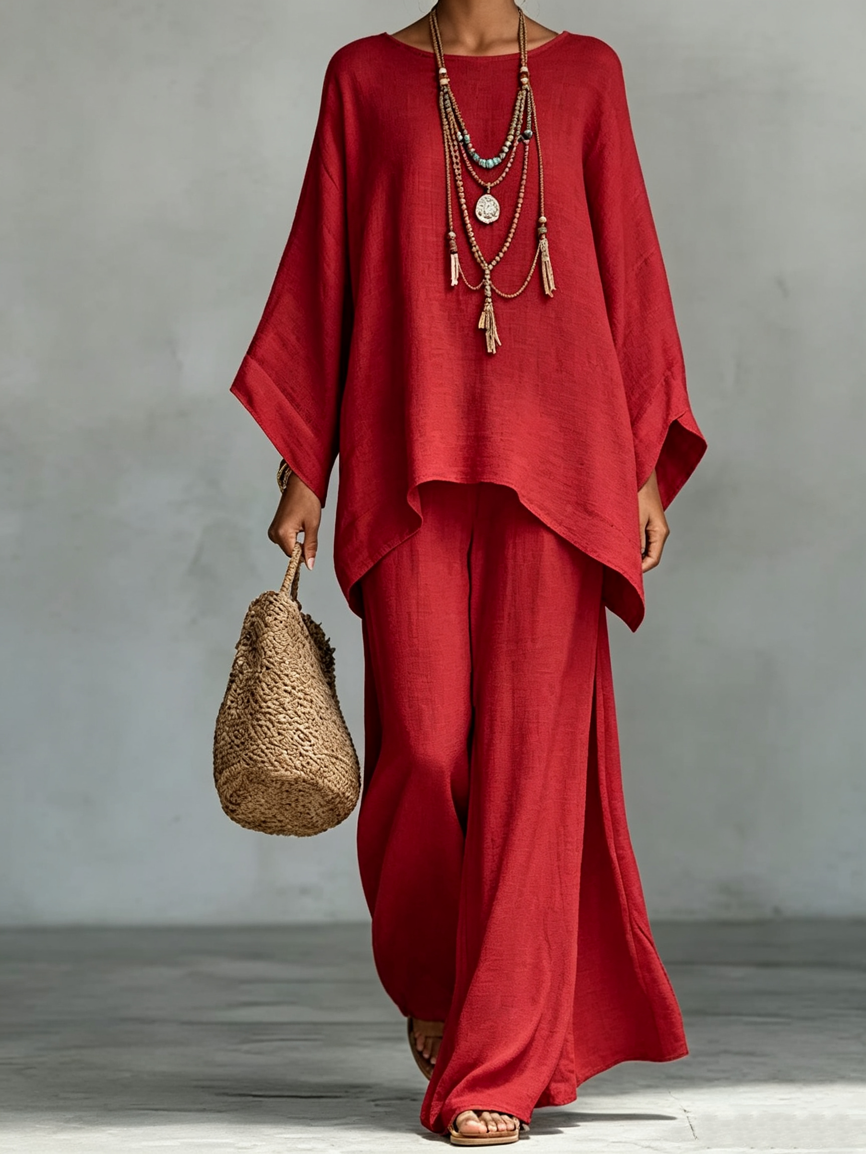 Women's Minimalist Loose Linen-Blend Shirt and Wide-Leg Pants Set