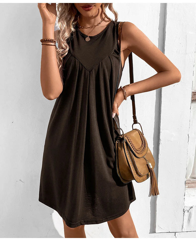 Casual Plain Elegant Cotton-Blend Crew Neck Sleeveless Midi Dress