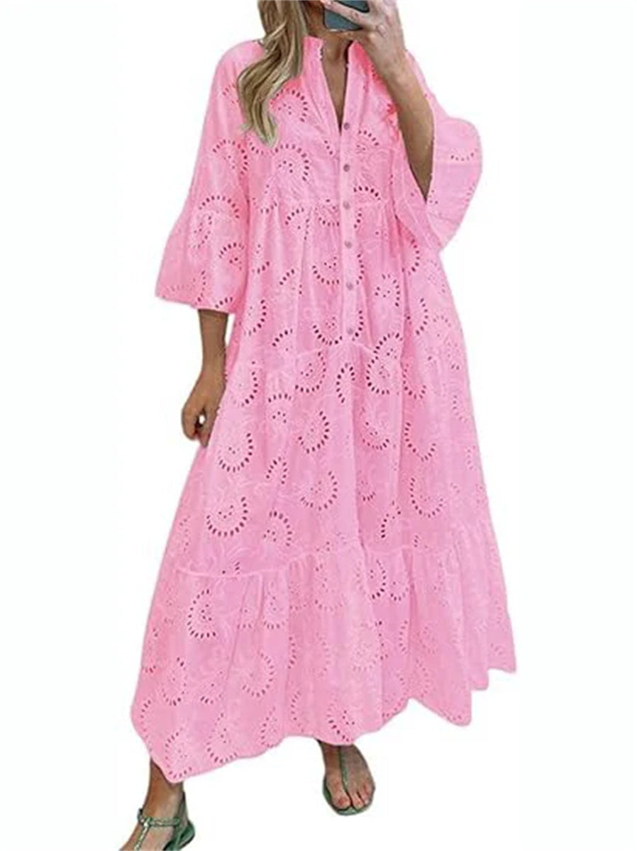 Women's Sexy Long Lace Dress with V-Neck and Flared Sleeves