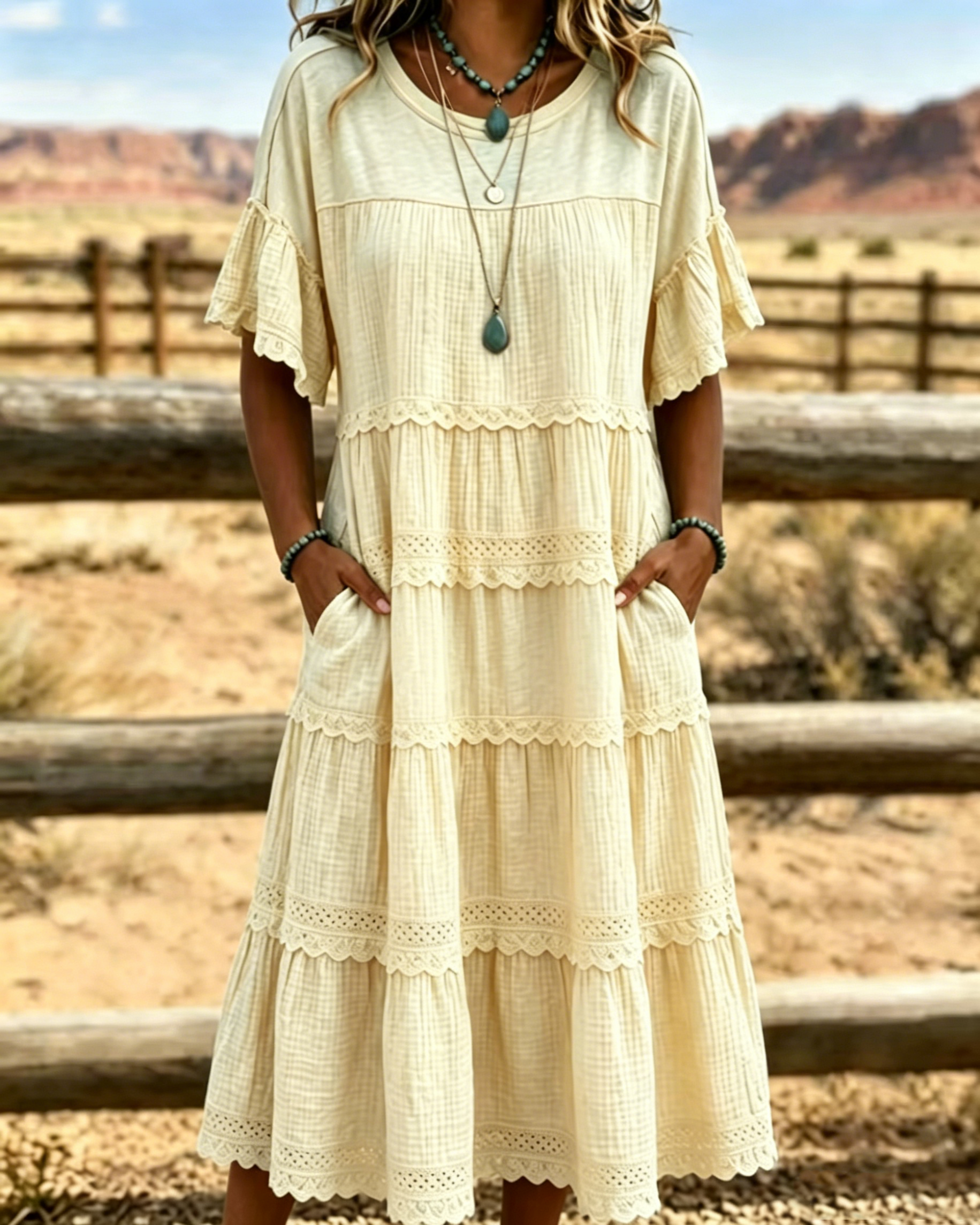 Retro art style pleated lace ruffle dress