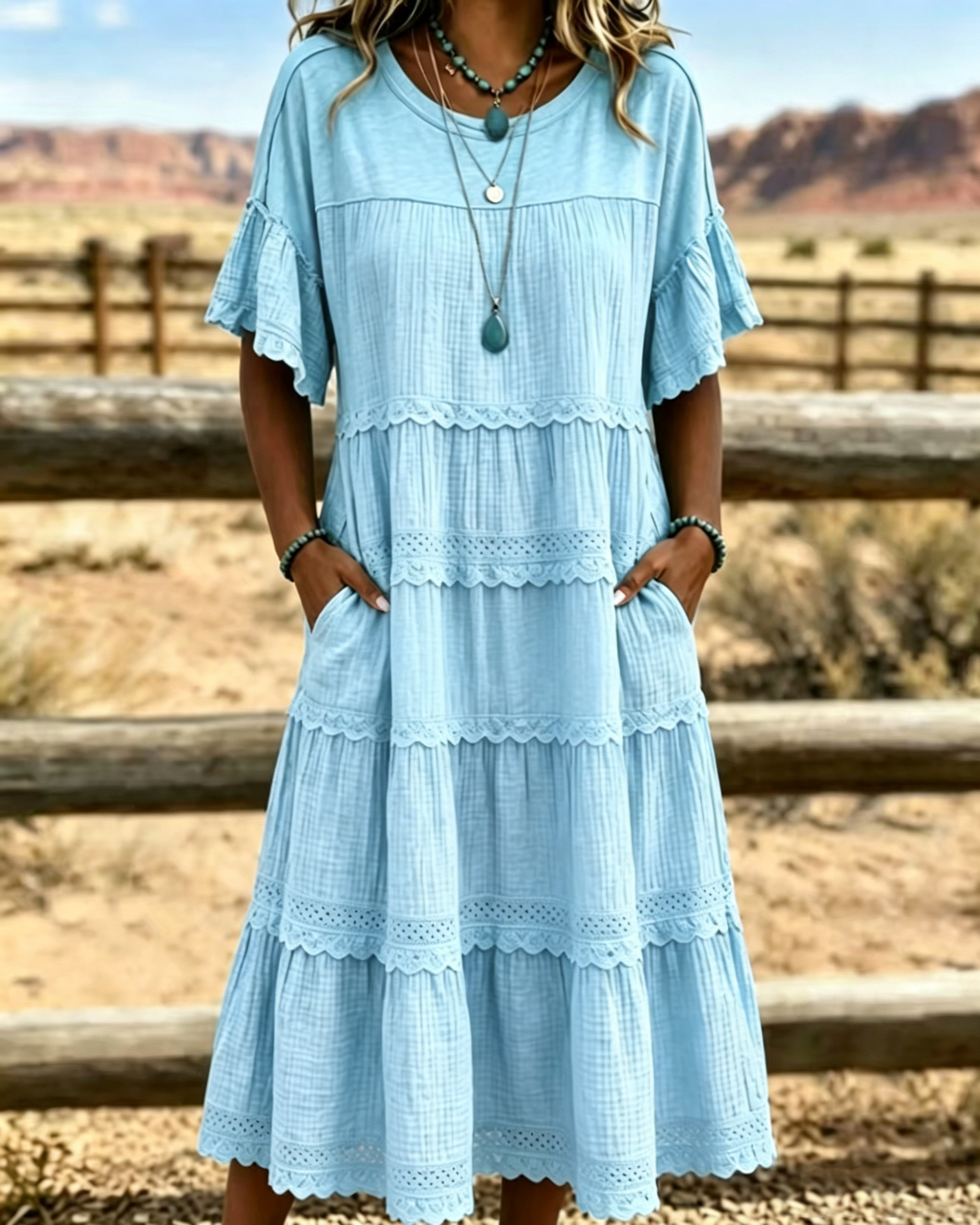 Retro art style pleated lace ruffle dress