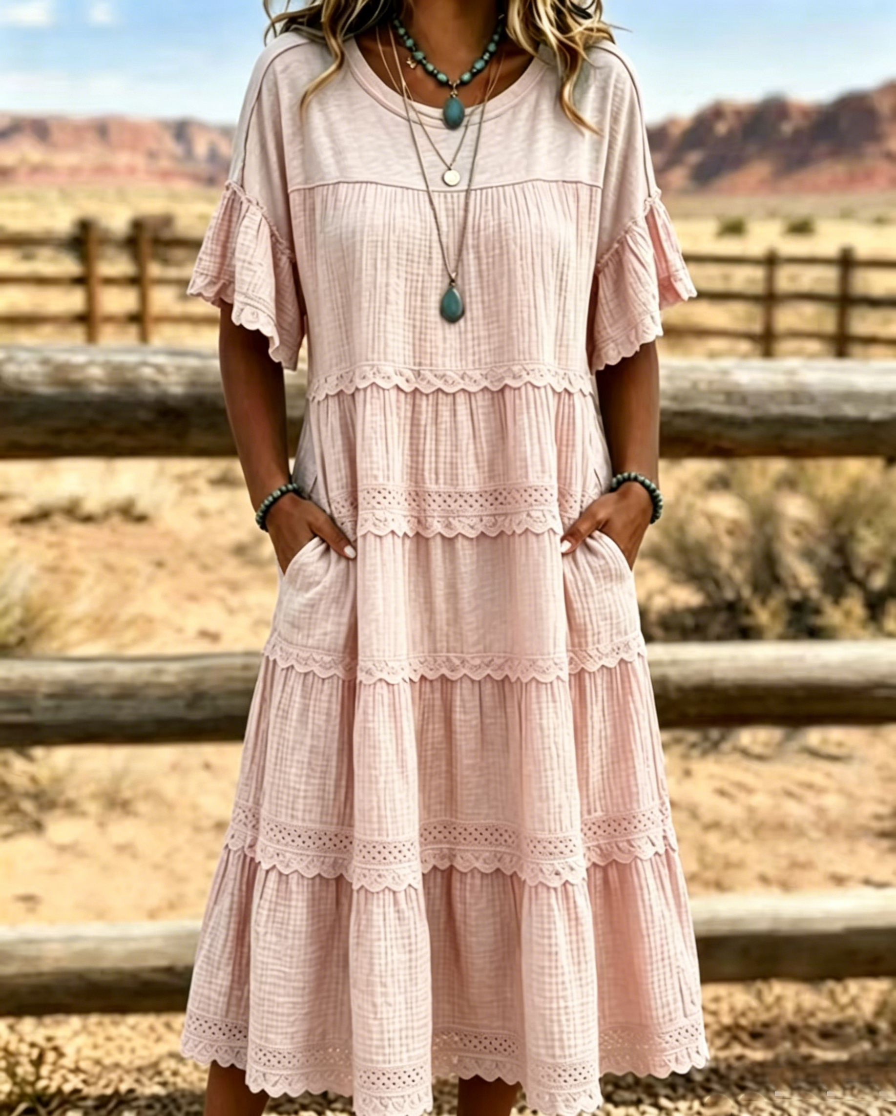 Retro art style pleated lace ruffle dress