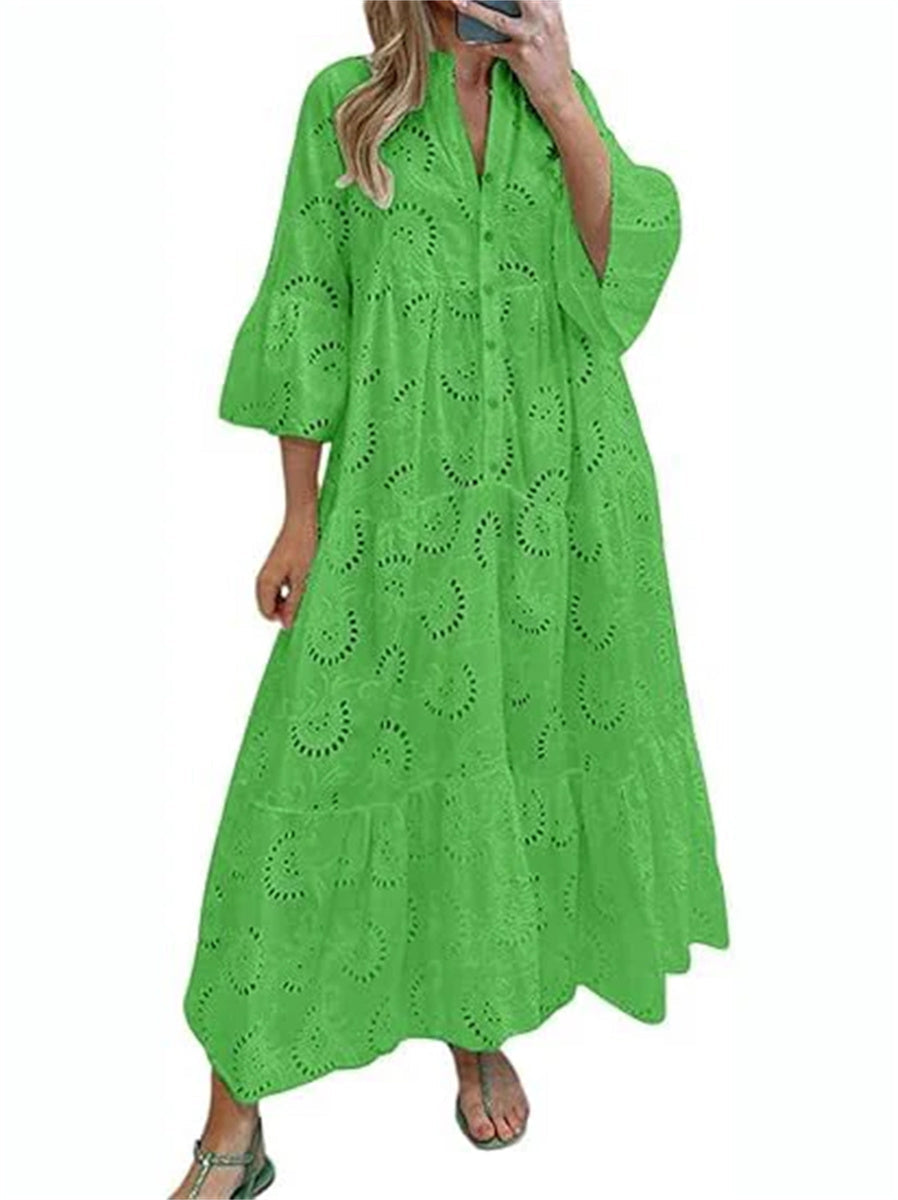 Women's Sexy Long Lace Dress with V-Neck and Flared Sleeves