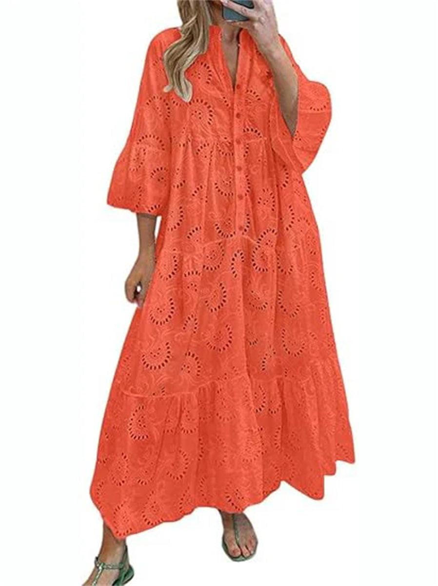 Women's Sexy Long Lace Dress with V-Neck and Flared Sleeves