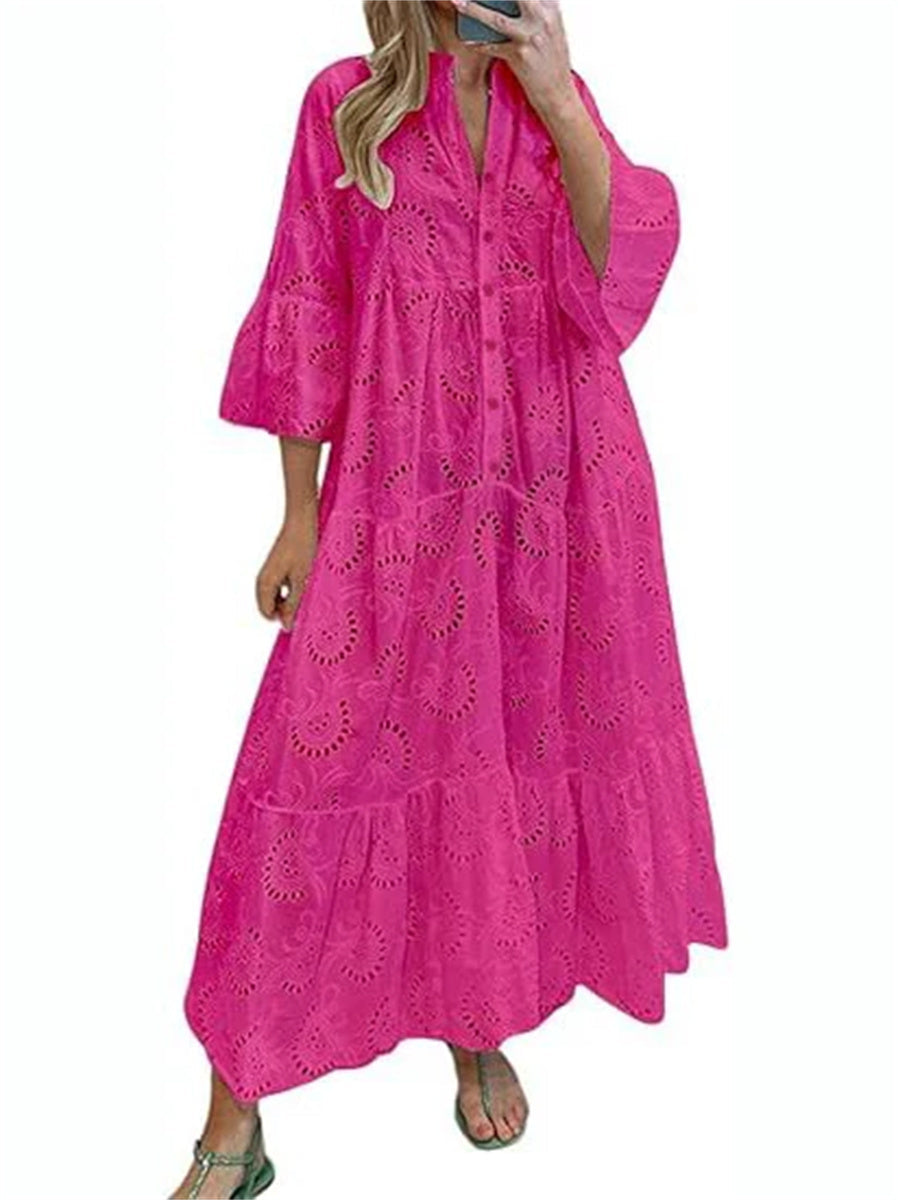 Women's Sexy Long Lace Dress with V-Neck and Flared Sleeves