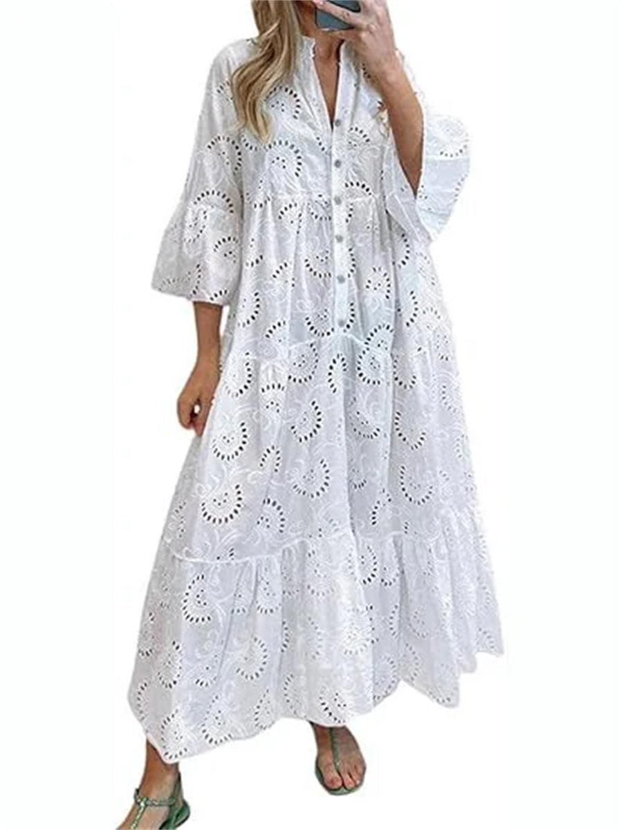 Women's Sexy Long Lace Dress with V-Neck and Flared Sleeves