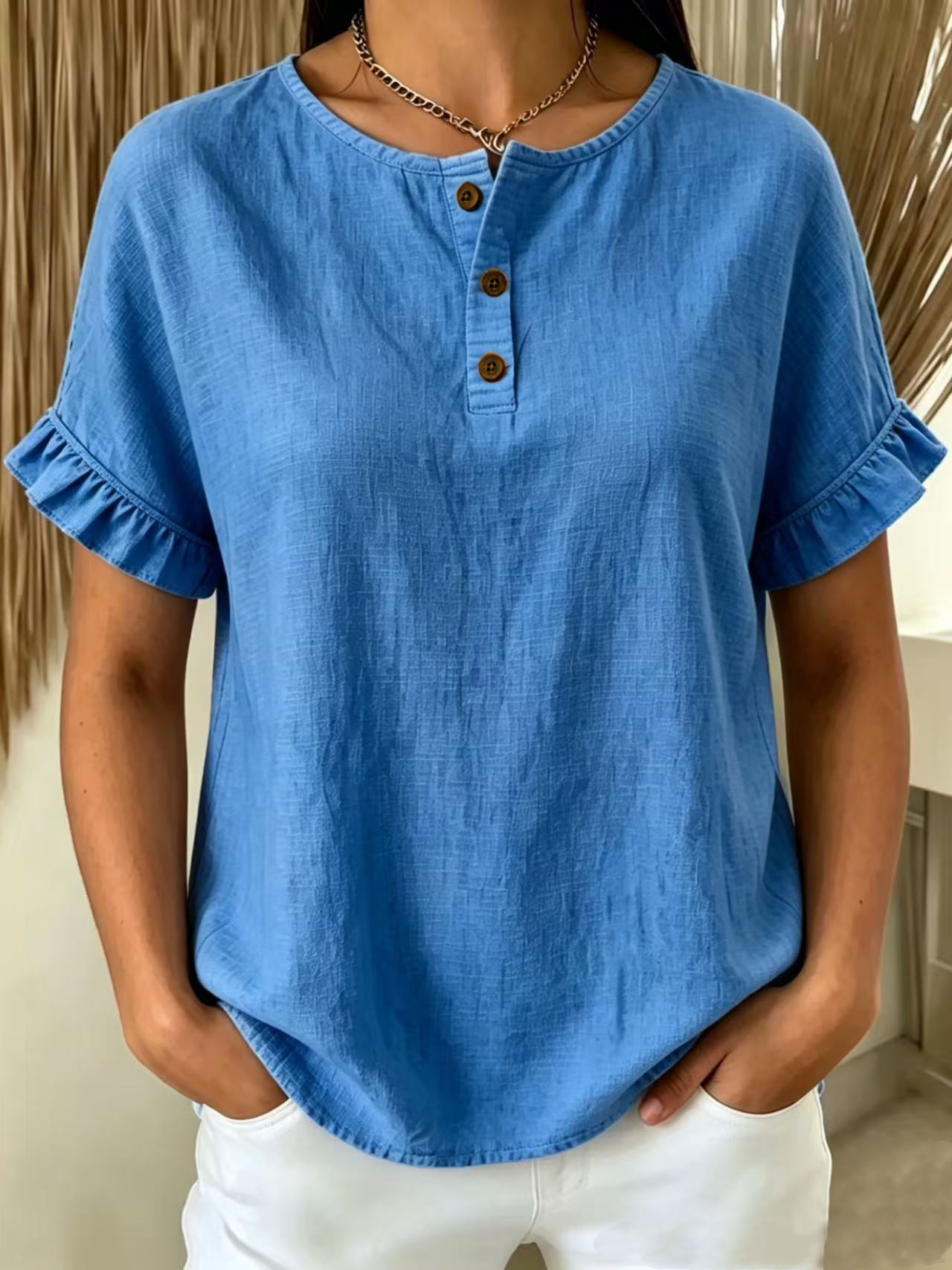 [Copy]New Arrivals🔥 Women's Casual Denim V-Neck Ruffled Shirt