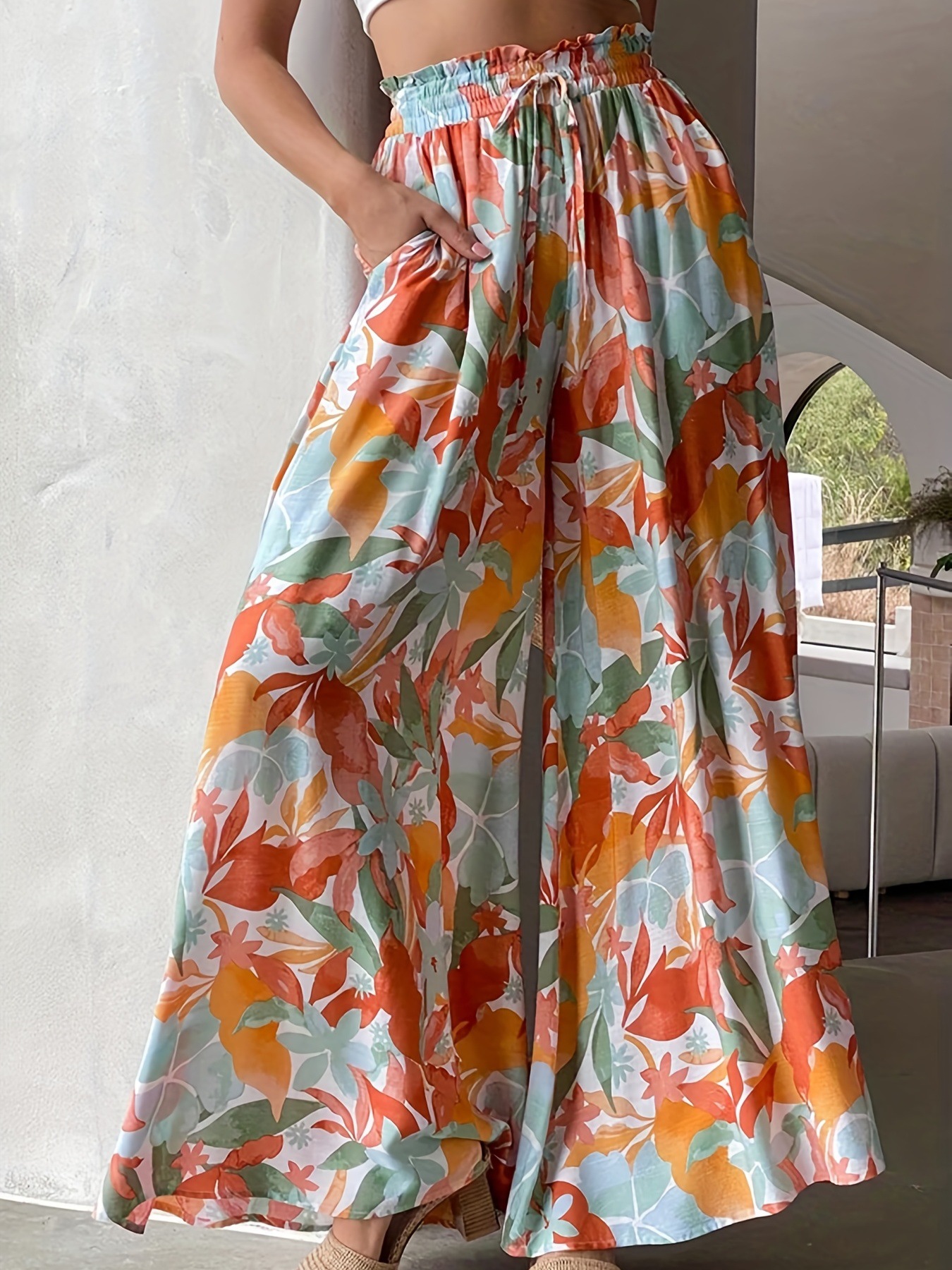 Summer High-Waisted, Loose-Fit Printed Wide-Leg Pants