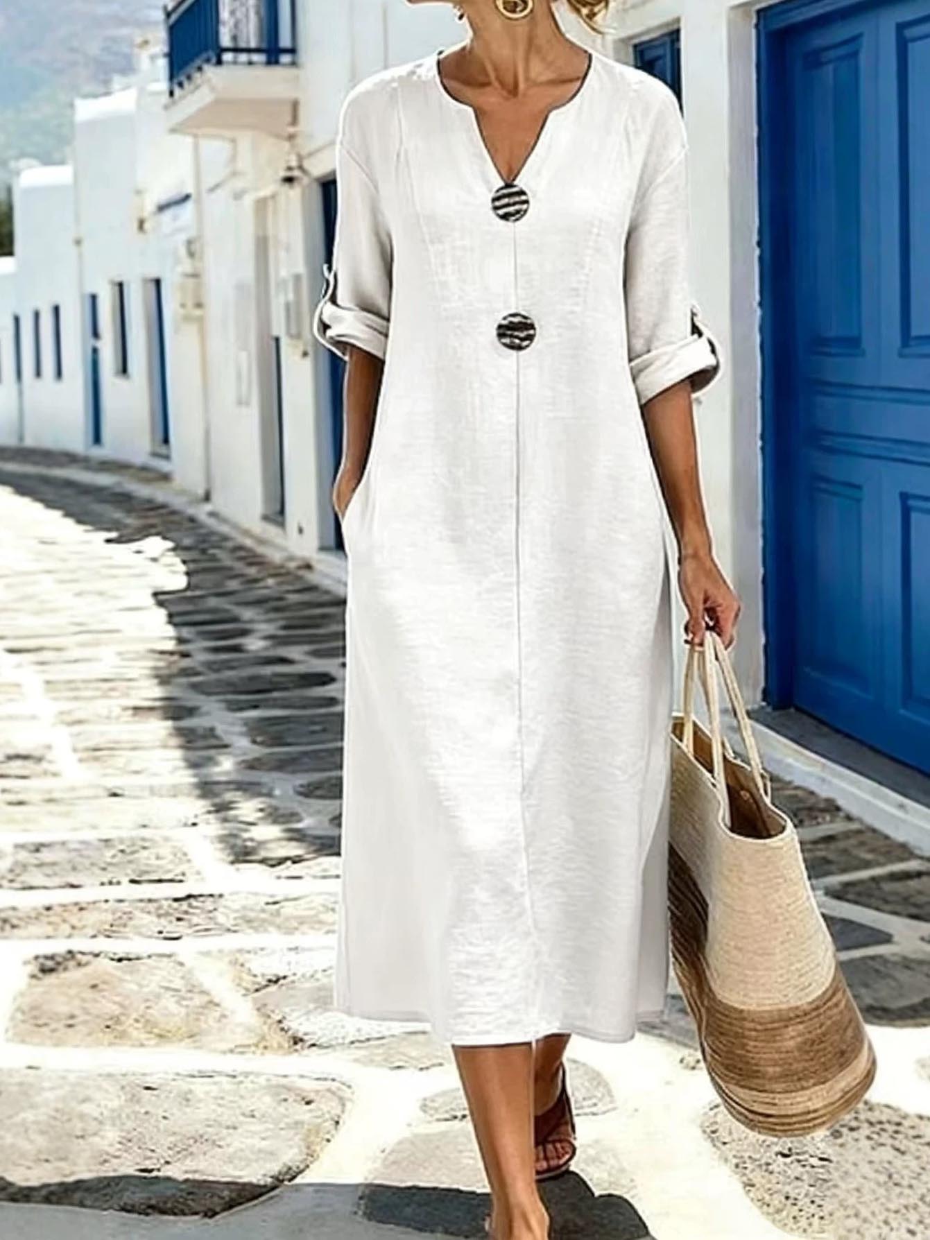 Warmthof™ – Flowy V-Neck Midi Dress with Wooden Buttons