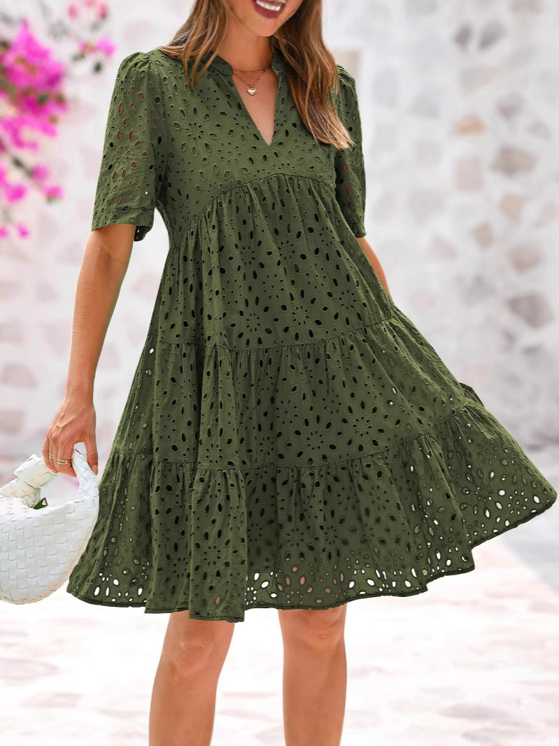 French-style V-neck cut-out lace dress