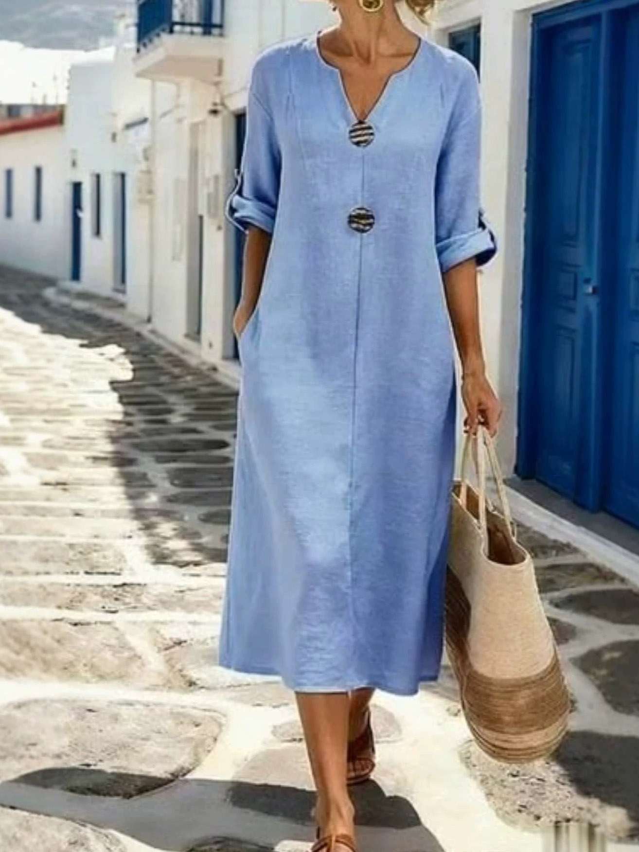 Warmthof™ – Flowy V-Neck Midi Dress with Wooden Buttons