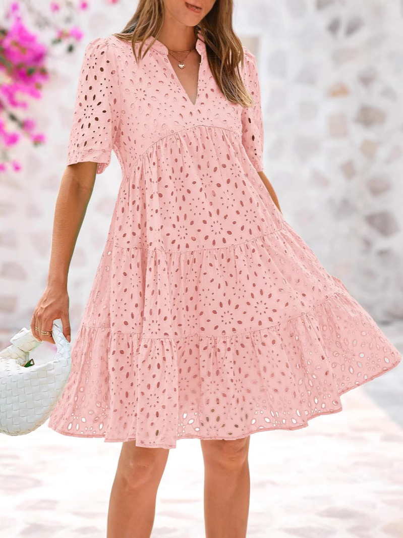 French-style V-neck cut-out lace dress