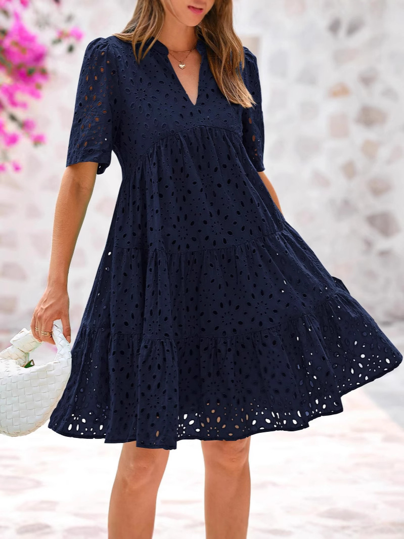French-style V-neck cut-out lace dress
