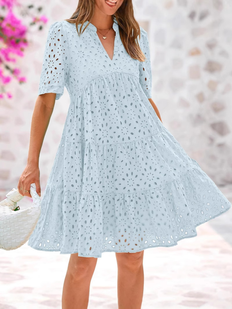 French-style V-neck cut-out lace dress