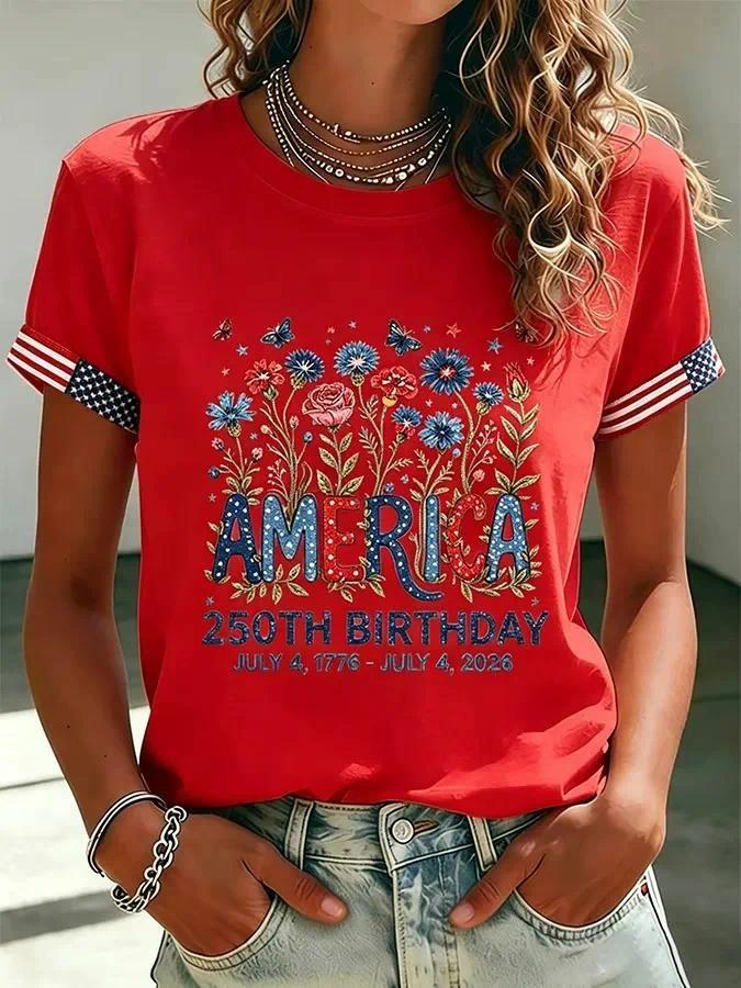 Women's 250 Years Of Freedom Flower Art Print T-shirt