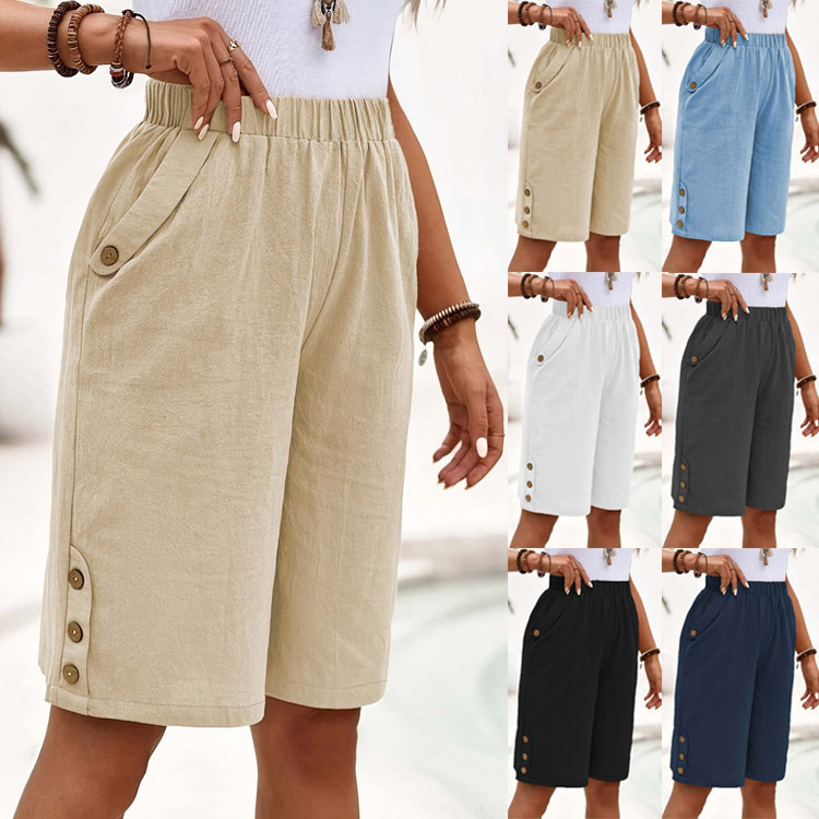 Elegant Plain Loose Side Pockets Fifth Pants